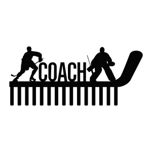 Black steel medal holder shaped like a hockey stick with 'Coach' text. Features silhouettes of a hockey forward and goalie. Includes 15 hooks for hanging medals, with a sleek and sturdy design ideal for display in a sports setting.